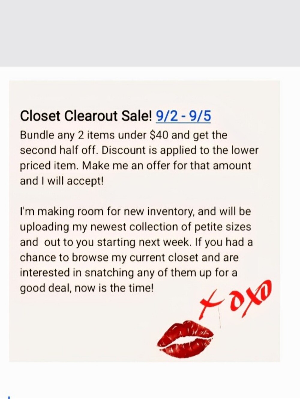 Closet Cleanout Sale 9/2 - 9/5